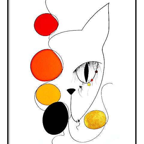 Cette nouvelle version du chat Sacha fait partie de la série picturale Rêves Dorés produite en 2022 par Alessandra Viotti-Gilabert, artiste peintre contemporain. Ce tableau a été exposé avec un cadre baroque à son exposition personnelle Galerie Thuillier à Paris en Mars 2022.